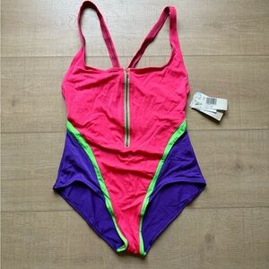 Vintage 90’s Pink and Purple One Piece Swimsuit with Green Accents New With Tags